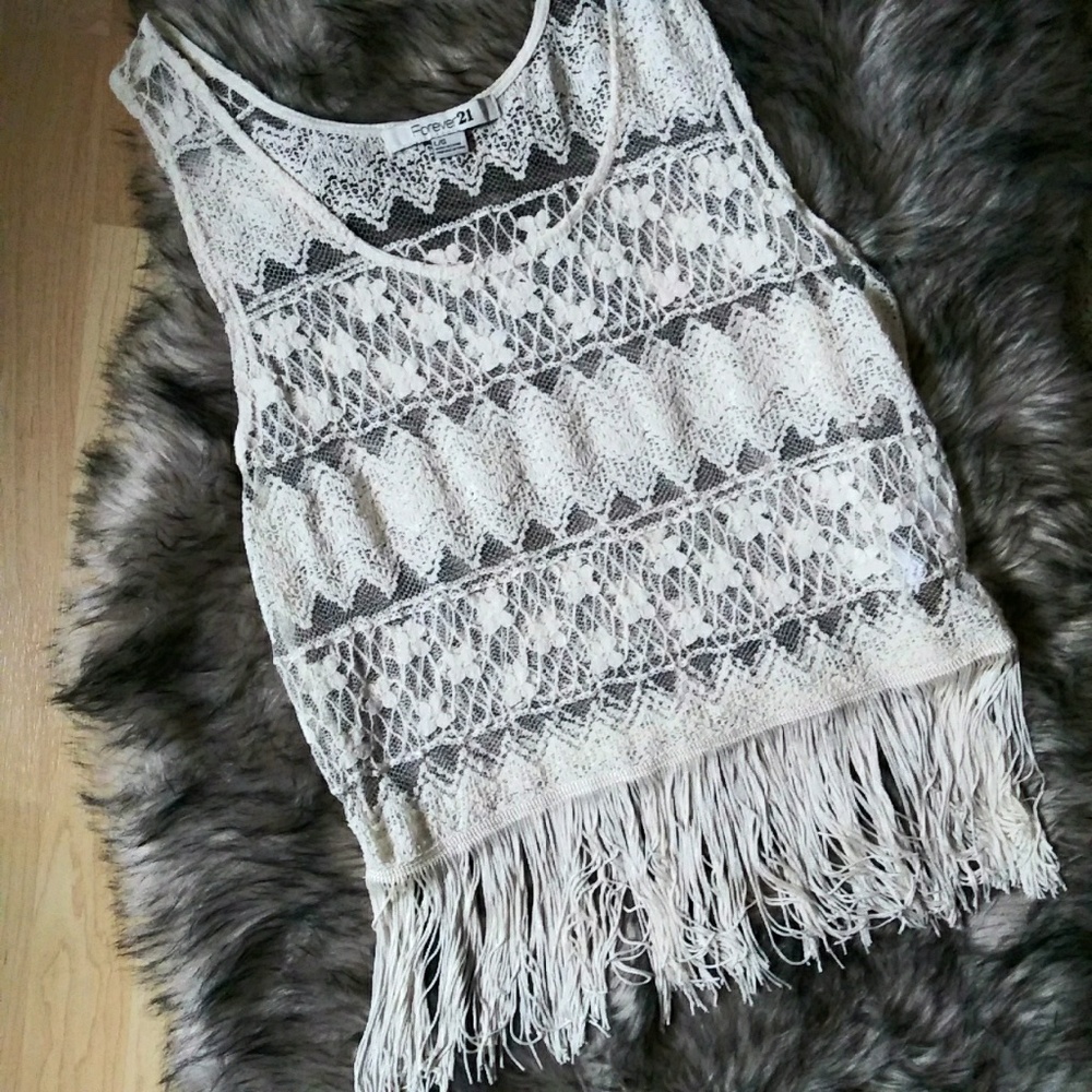 Forever 21 Cream Boho Fringe Lace Top Sleeveless